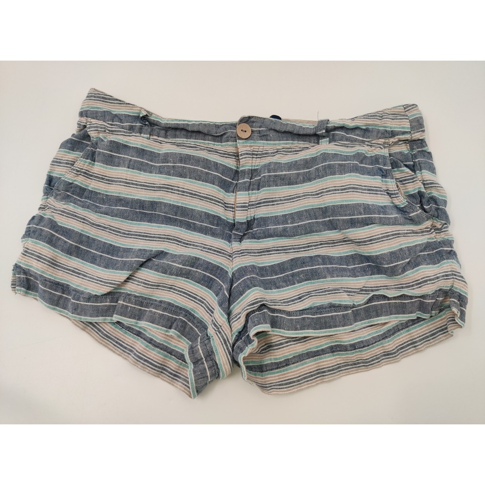 British Khaki Linen Blend Striped Shorts Women's Size 12‎ Blue Beige